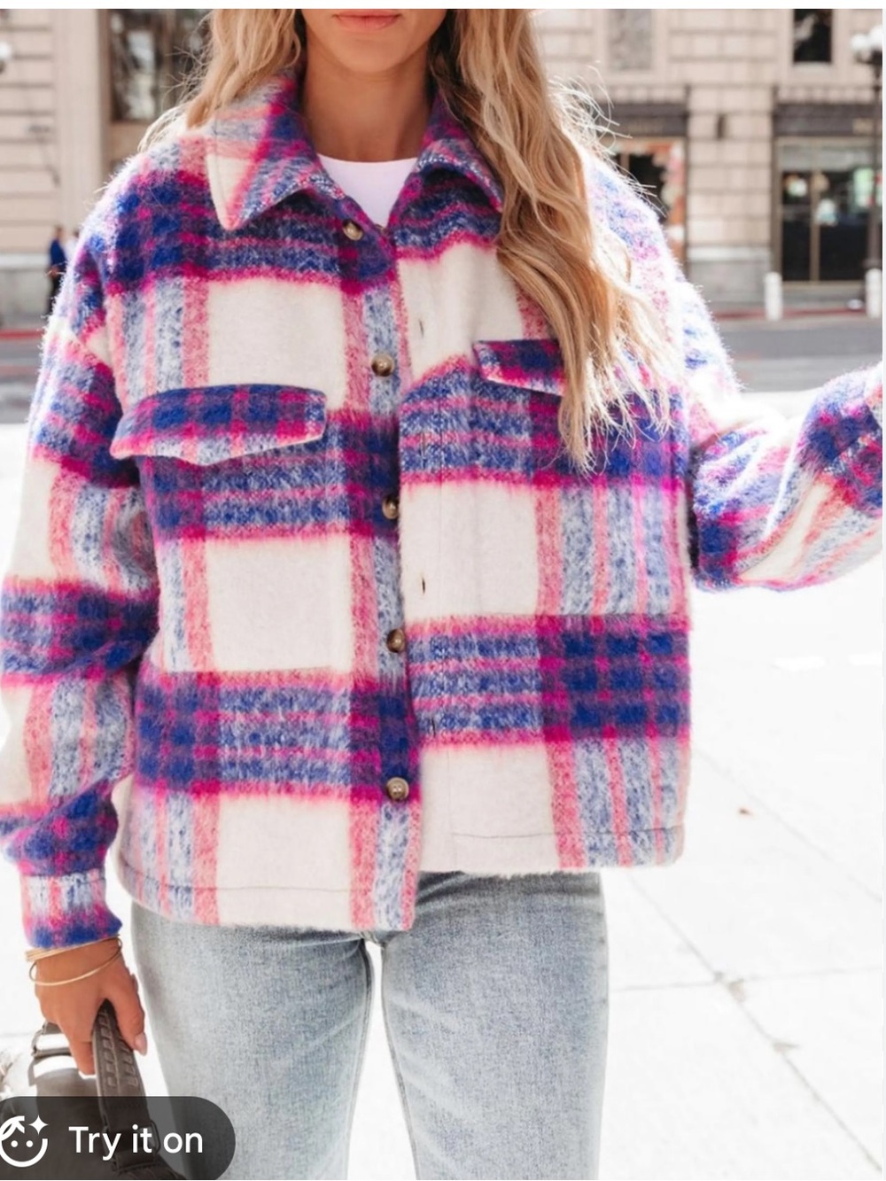 Plaid Over Sized Button-Up Shacket in White, Pink & Blue - Size small